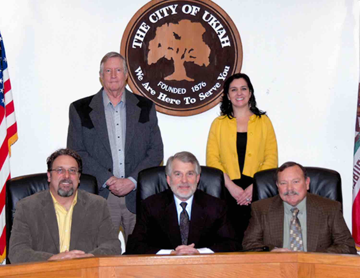 Ukiah City Council members: Kevin Doble, Stephen Scalmanini, Jim Brown (seated), Douglas Crane, Maureen Mulheren (standing). Photo courtesy city of Ukiah.