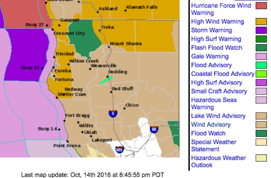 Current advisory map for Northern California from the National Weather Service.