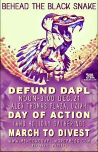 Flyer for the "Defund DAPL" event in Ukiah on Dec. 21.