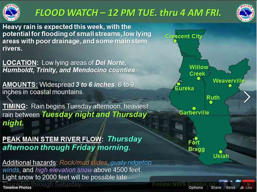Flood watch from the National Weather Service's Facebook page. You can check there for current updates on this week's weather and flood warnings.
