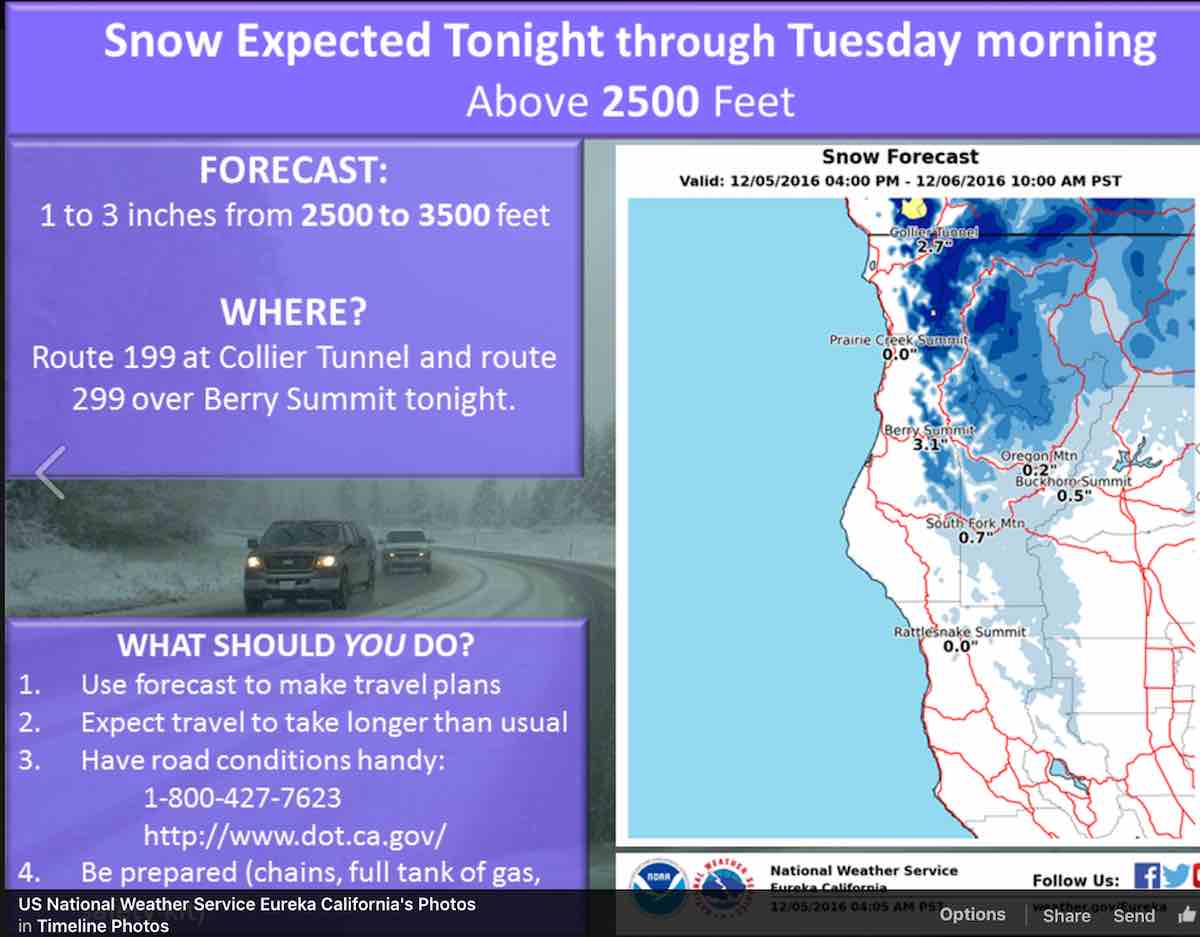 Snow on the way! Graphic rom the National Weather Service - Eureka Facebook page.