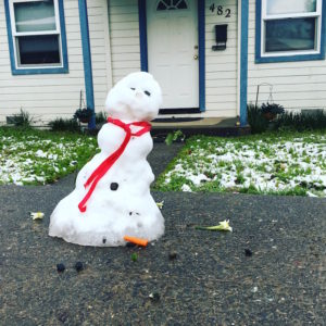 Snowman can no longer hold it all together in downtown Willits mid-day today.