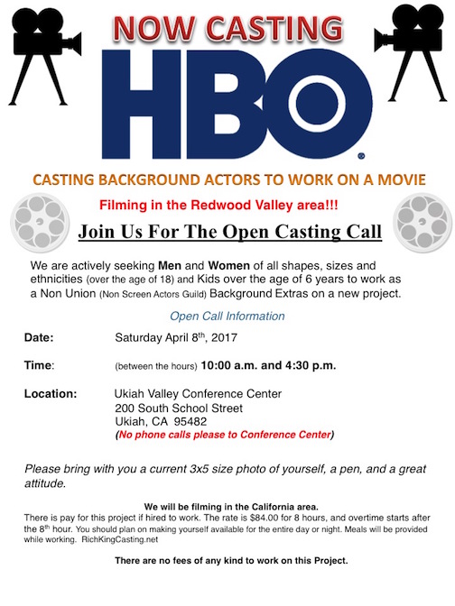 Open casting call announcement for the HBO movie filming in Redwood Valley.