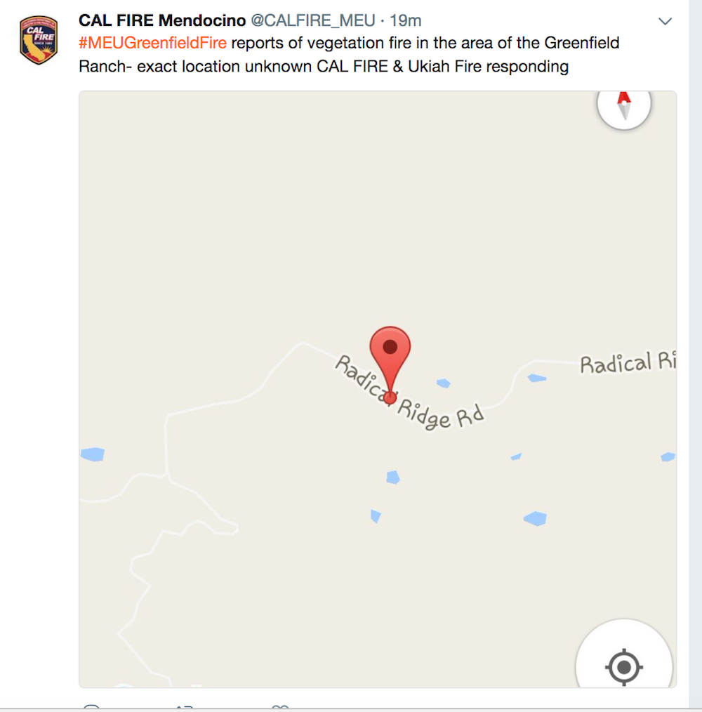 CalFire tweet with fire location