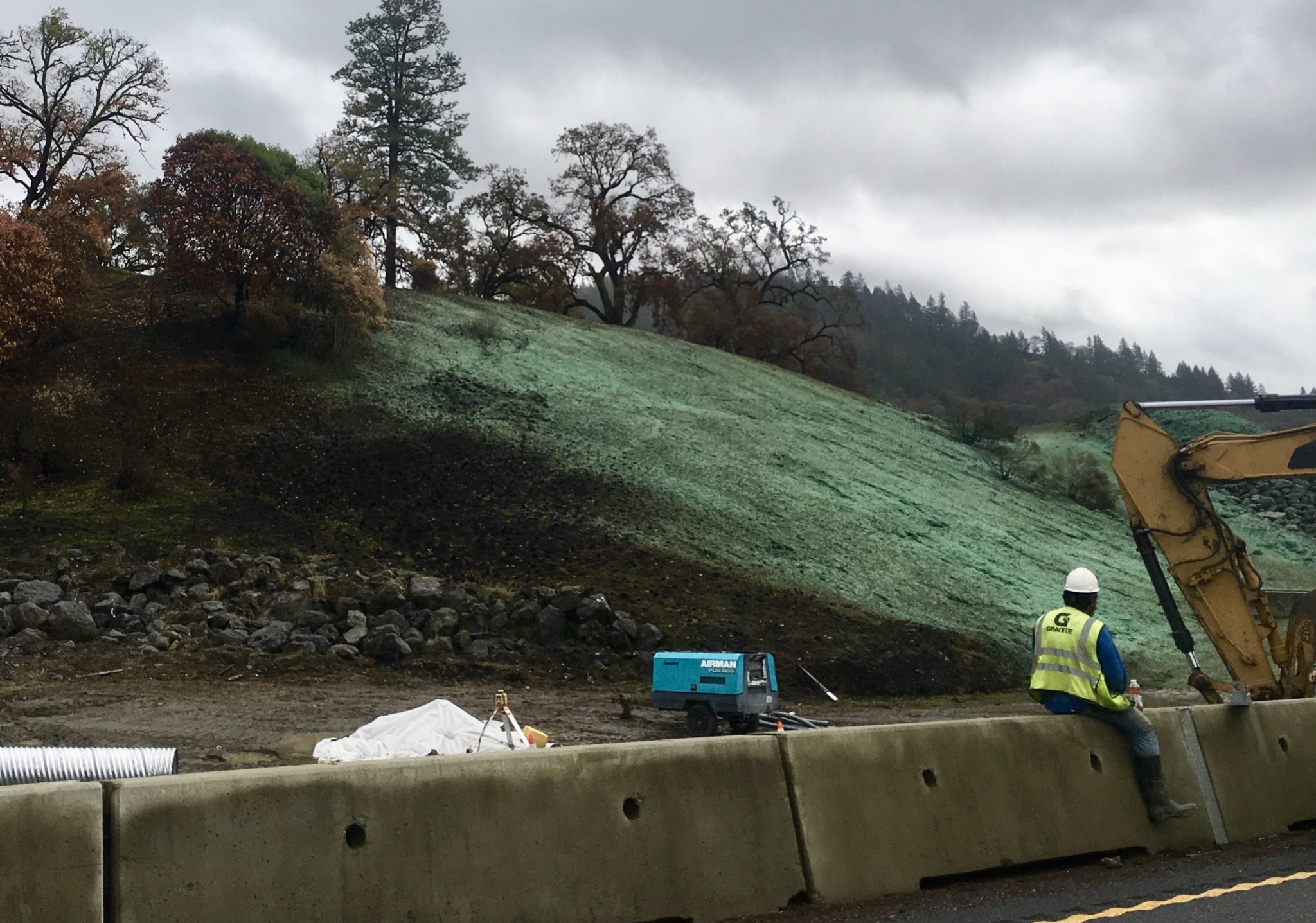 Reseeding along Highway 101 during November, 2016 after the Redwood Complex Fire.