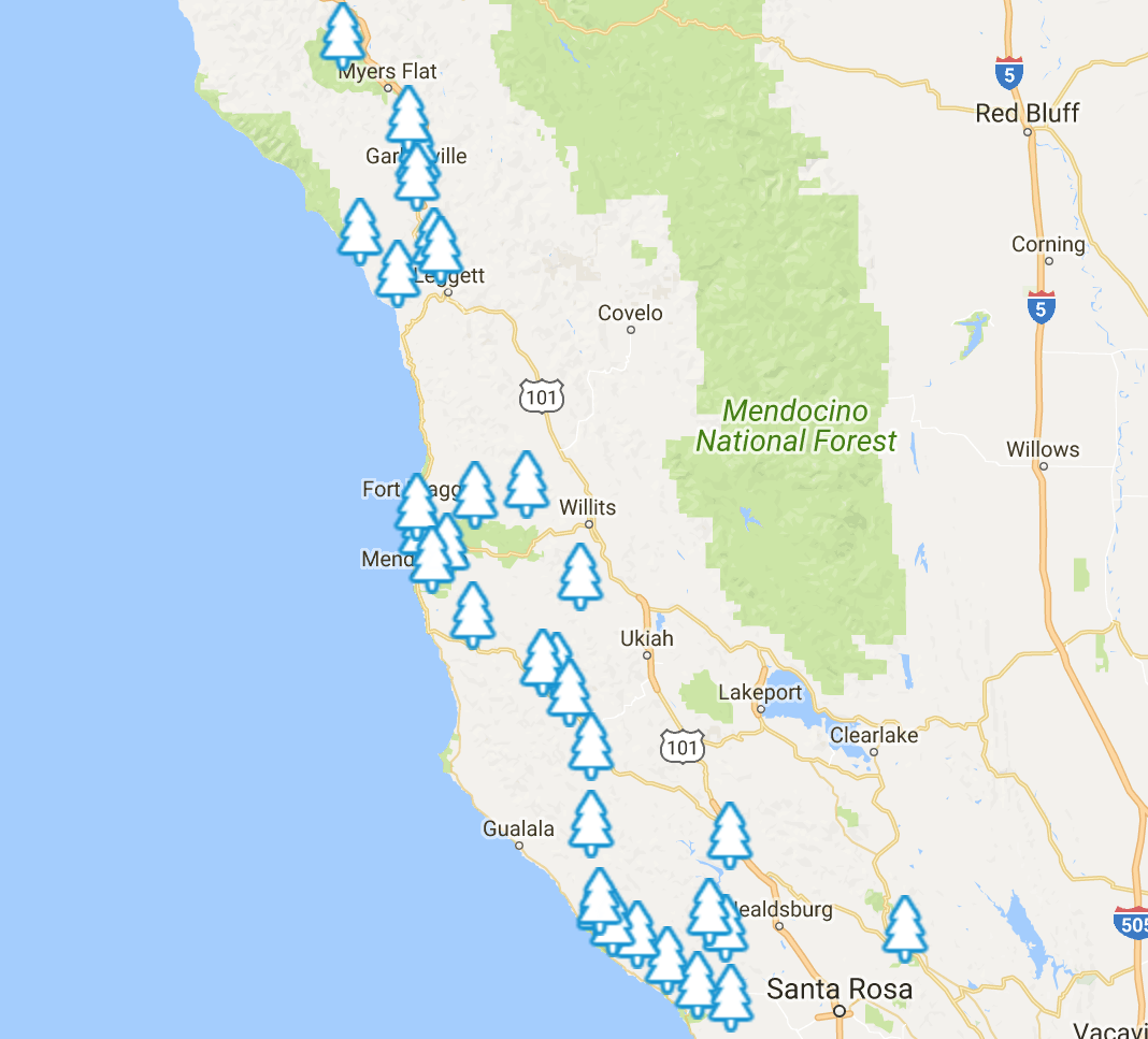 Some of the participating redwoods parks around Mendocino County.
