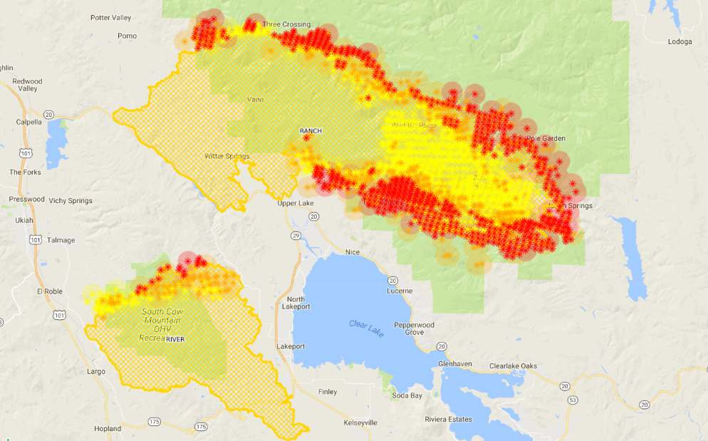 A map of the fires on day 8 of the Mendocino Complex from satellite data. Credit: CalTopo