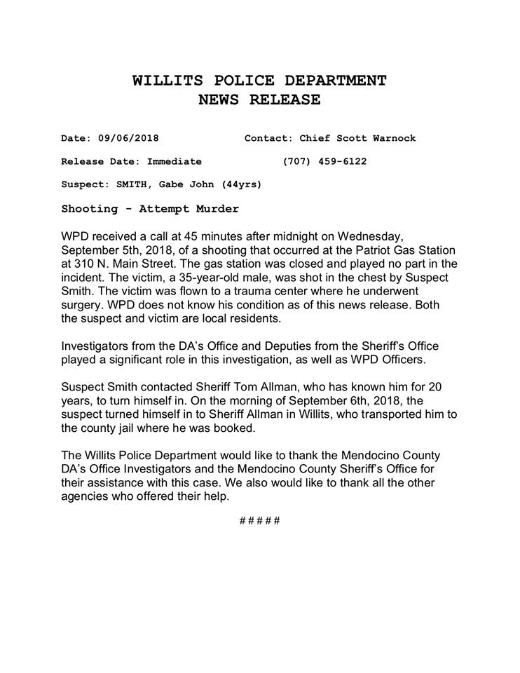 Willits PD press release concerning an attempted murder.