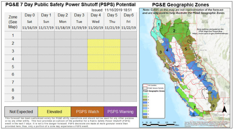 Pacific Gas & Electric's PSPS potential graphic as of the evening of Nov. 16, 2019.