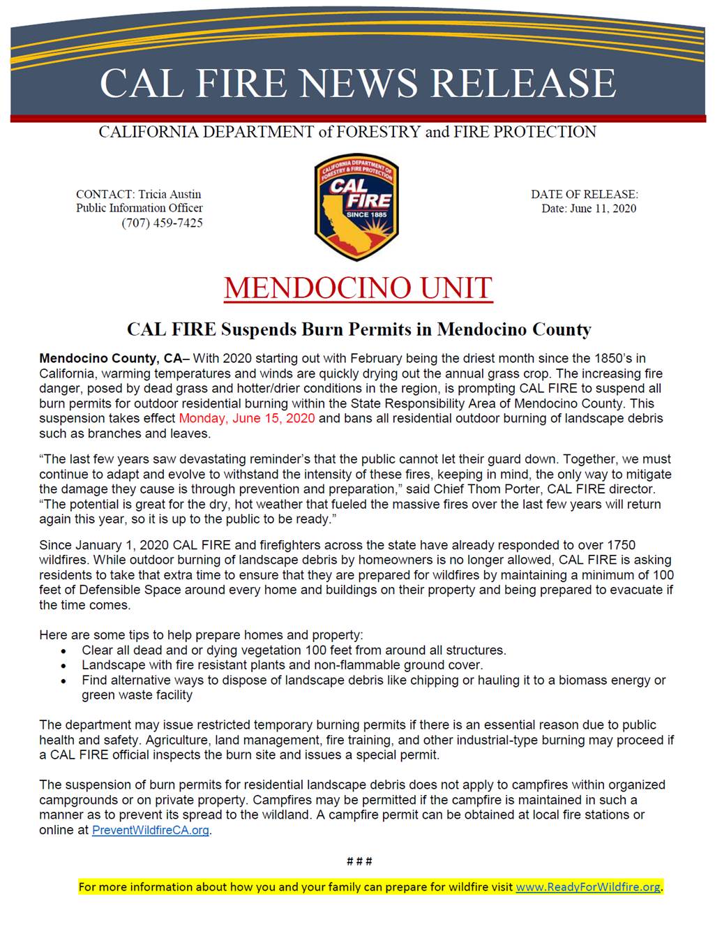 Cal Fire will suspend burn permits June 15 • The Mendocino Voice