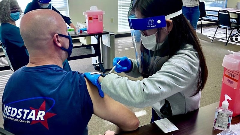 An EMT is vaccinated at Ukiah Valley Medical Center (courtesy of Adventist Health)