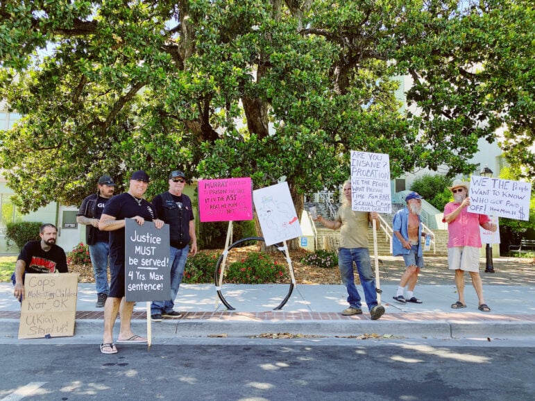 About 10 - 20 were protestors gathered outside the courthouse in Ukiah on the afternoon of August 23 to protest Murray's sentencing the next day/