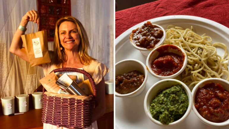 On the left, a photograph of a woman with blonde hair, holding a small paper bag in her right hand, and a purple basket in her left hand smiling at the camera. On the right, a photograph of five small paper cups filled with various pasta sauces. Next to the cups is a pile of cooked spaghetti.