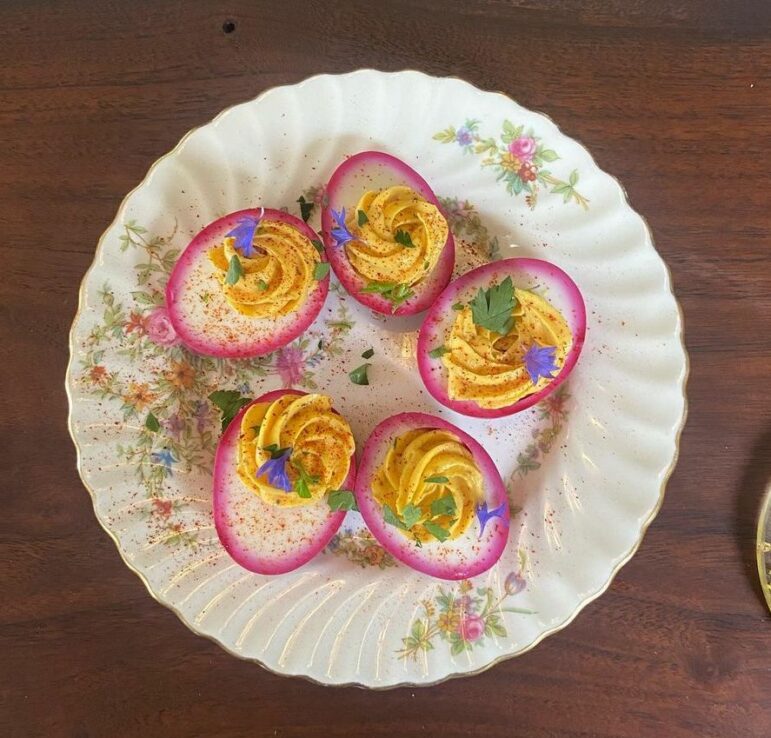 A plate deviled eggs
