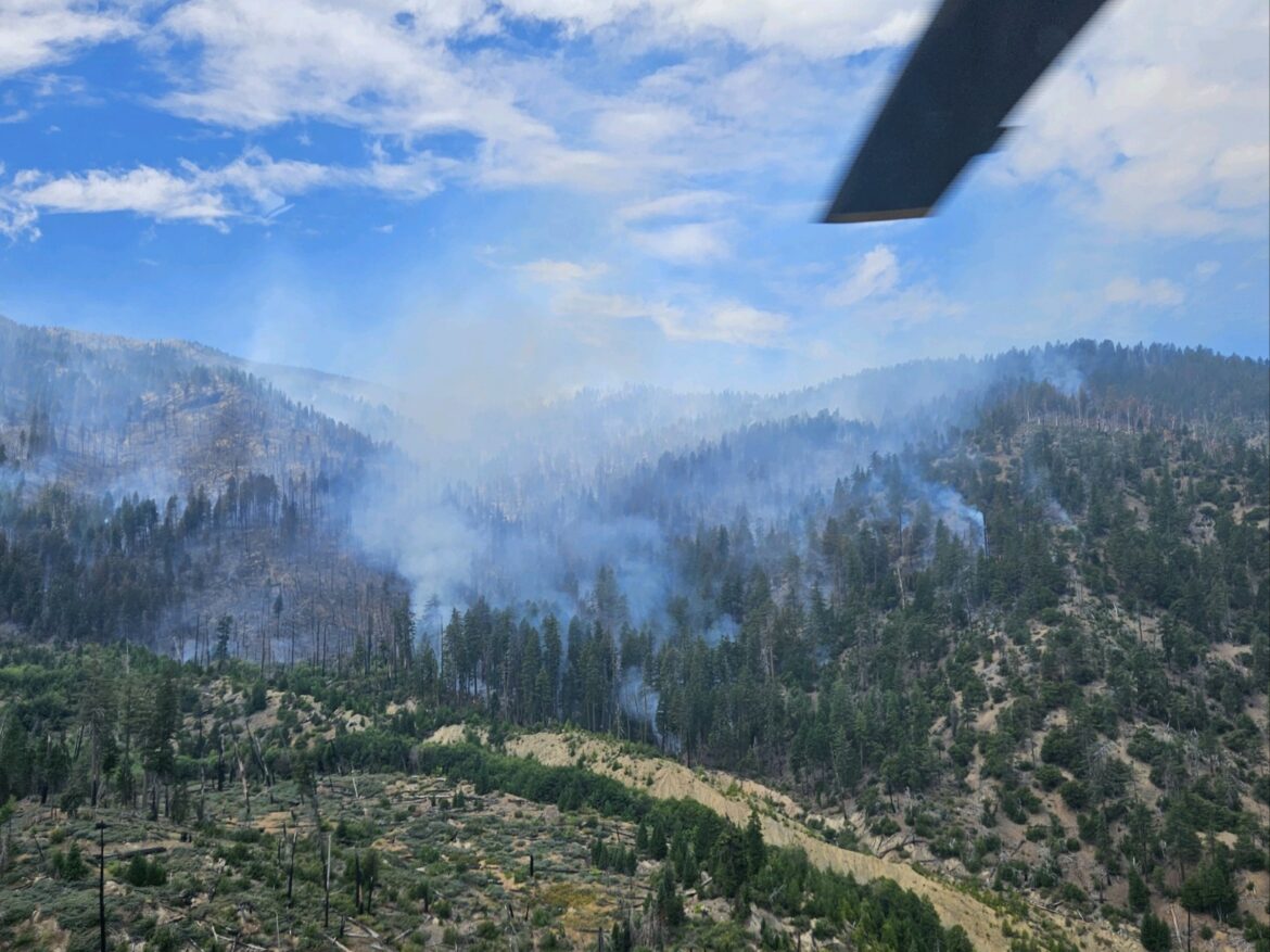 Aerial view of Slide 1 Fire burning in the Yolla Bolly Middle Eel Wilderness, August 17, 2023.