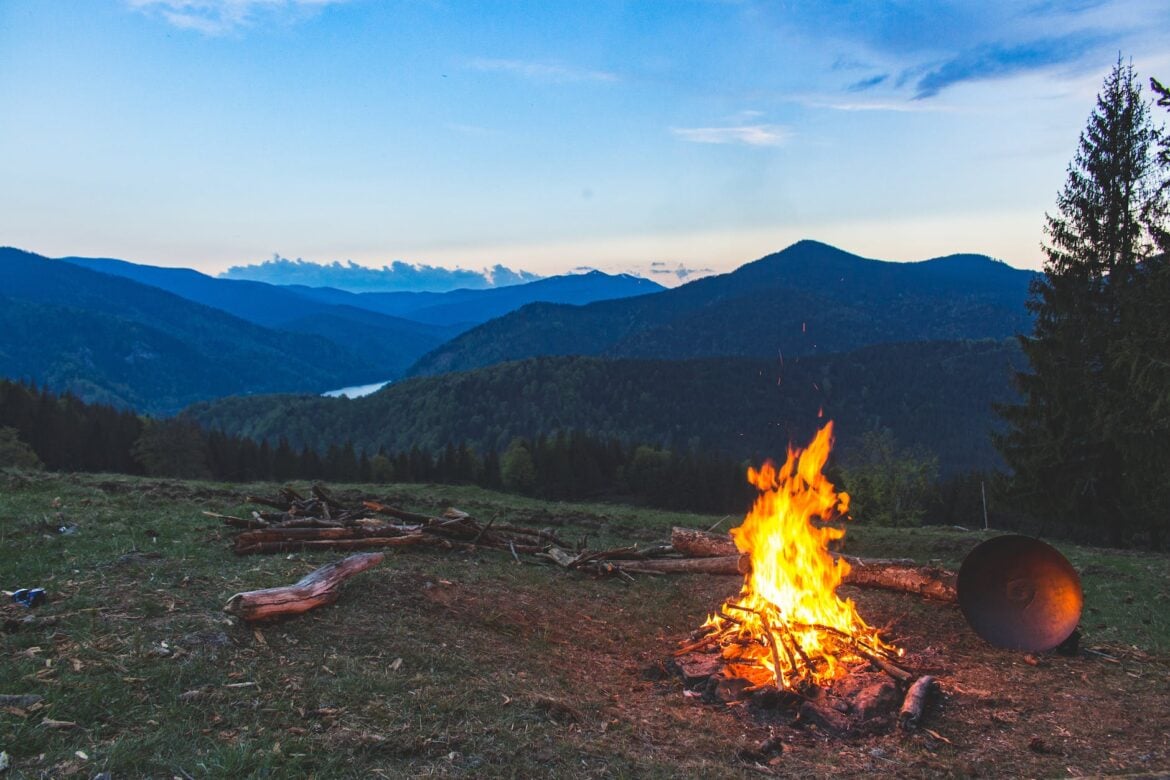 bonfire surrounded with green grass field