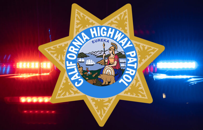 The California Highway Patrol badge featuring the state seal and “Eureka” motto is overlaid on a background of red and blue police lights.