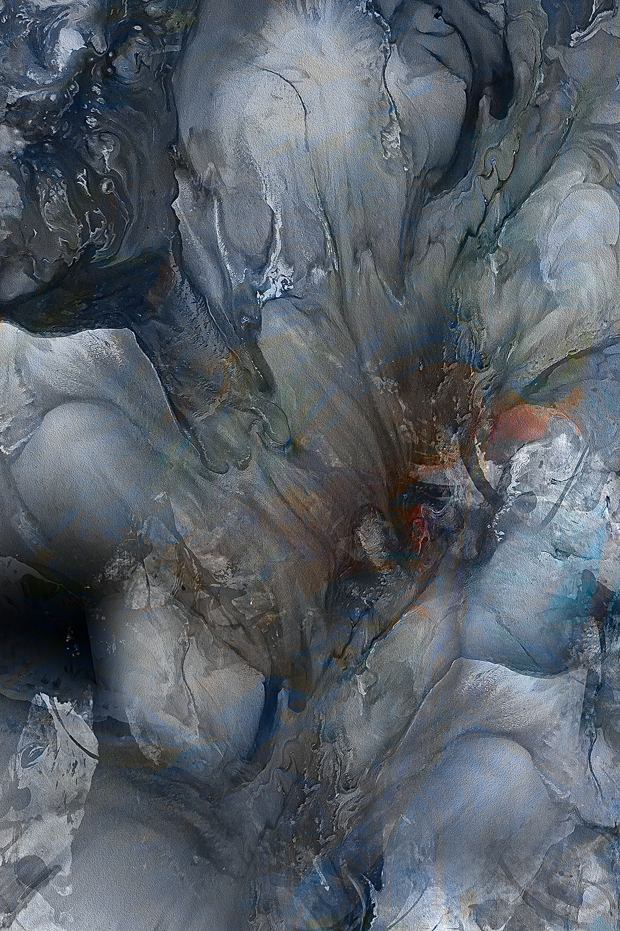 An abstract artwork with layered, flowing textures in shades of gray, blue, and charcoal, with subtle hints of rust and white, resembling eroded rock or swirling water patterns.